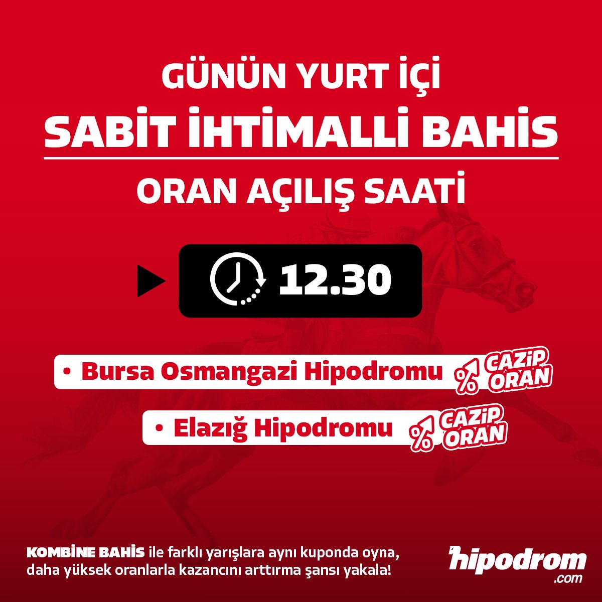 🔴🏇 Günün yurt içi sabit ihtimalli bahis oran açılış saati

⏰ 12.30

🟥 Kombine bahis ile dilediğin hipodromdaki koşuda tahminin yap, aynı kuponda oyna, daha yüksek oranla kazanma şansı yakala!

🌟🏇Fark atan heyecan hipodrom.com'da!