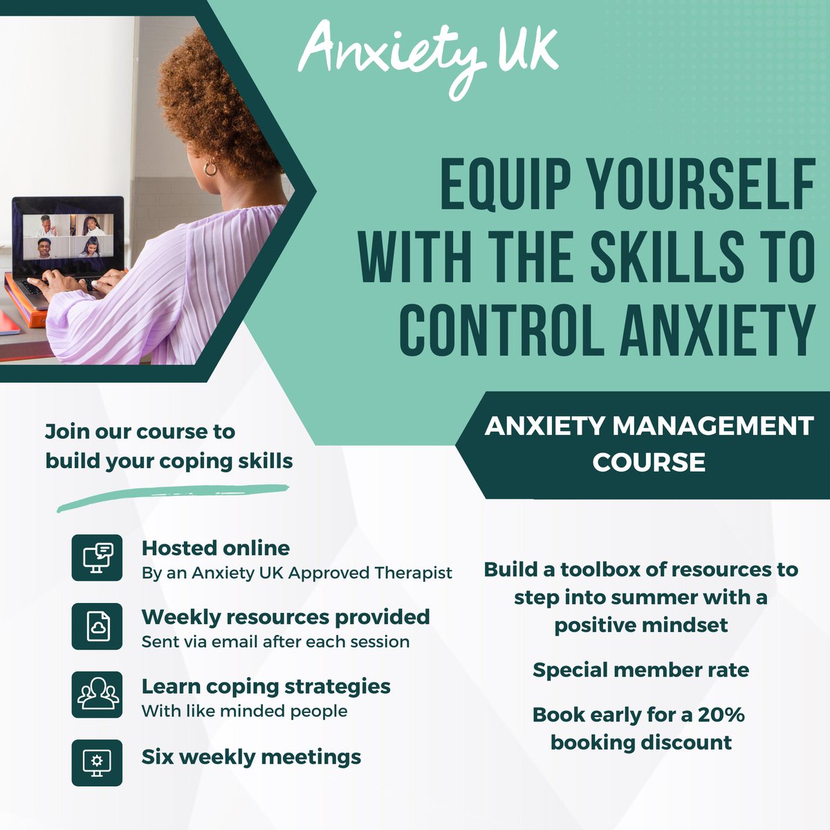 AnxietyUK's tweet image. Special Offer – 20% OFF🎉

Join our #AnxietyManagementCourse starting 10th September at 7pm and save 20% when you sign up by 1st September! This course offers valuable strategies to help you #manage #anxiety. Spaces are limited, reserve your spot today!⬇️

bit.ly/40YqGpA