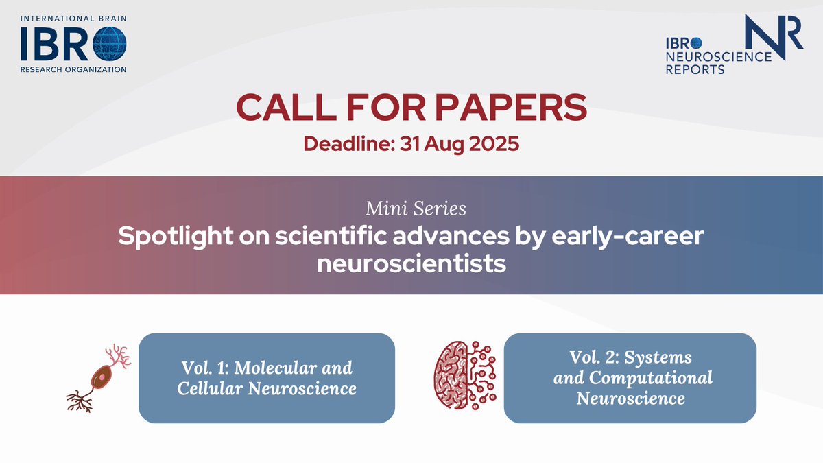 IBRO Journals (@ibrojournals) on Twitter photo Share your work! 🧠 IBRO Neuroscience Reports is calling for submissions to a Molecular, Cellular, Systems & Computational #Neuroscience mini-series!
🔗 Submit by 31 Aug: ow.ly/j42q50WkTVF
#IBROJournals
<a href="/IBROjournals/">IBRO Journals</a> @ELSneuroscience <a href="/JQIpLab/">Jacque Ip</a> <a href="/DrLinOng/">Dr Lin Kooi Ong</a> <a href="/Olamzz1/">Olamide Adebiyi DVM, PhD</a> <a href="/srikipedia/">Srikanth Ramaswamy</a> Share your work! 🧠 IBRO Neuroscience Reports is calling for submissions to a Molecular, Cellular, Systems & Computational #Neuroscience mini-series!
🔗 Submit by 31 Aug: ow.ly/j42q50WkTVF
#IBROJournals
<a href="/IBROjournals/">IBRO Journals</a> @ELSneuroscience <a href="/JQIpLab/">Jacque Ip</a> <a href="/DrLinOng/">Dr Lin Kooi Ong</a> <a href="/Olamzz1/">Olamide Adebiyi DVM, PhD</a> <a href="/srikipedia/">Srikanth Ramaswamy</a>
