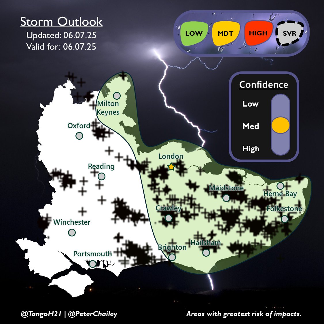 TangoH21's tweet image. Here's how Sunday's outlook fared in terms of lightning (some strikes missing) ⚡️
An active day, similar to 21st May, with more storms further west than anticipated. The heaviest downpours and bulk of the lightning though were in the low risk area.
#ukweather #thunderstorm