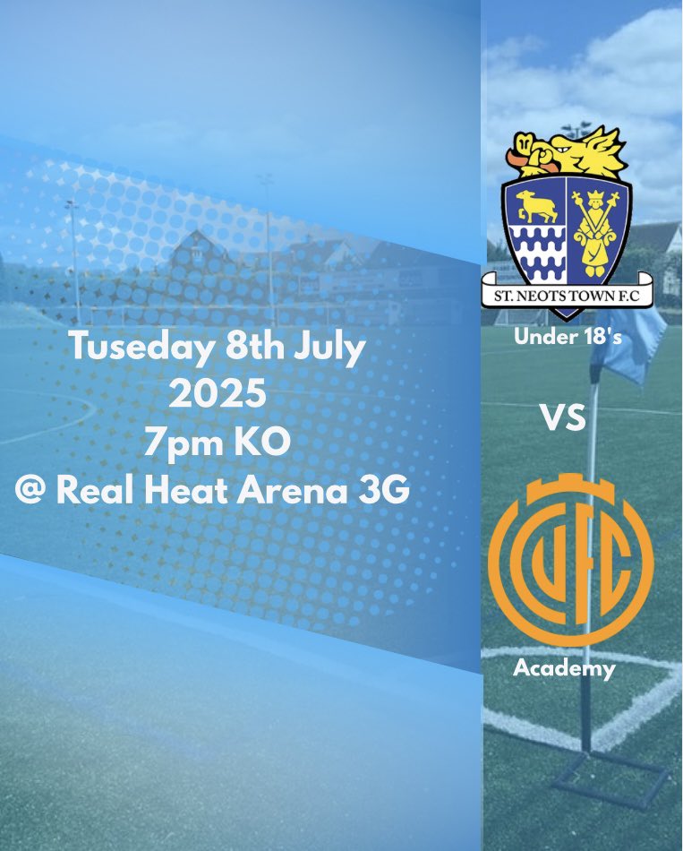 Our pre season continues with Cambridge United academy up next,  

7 PM KO 
Real Heat Arena 3G

Planning to watch the first team and want an extra football fix? 

We kick off slightly earlier, just across the car park  <a href="/StNeotsTownFC/">St Neots Town F.C. Official</a>
