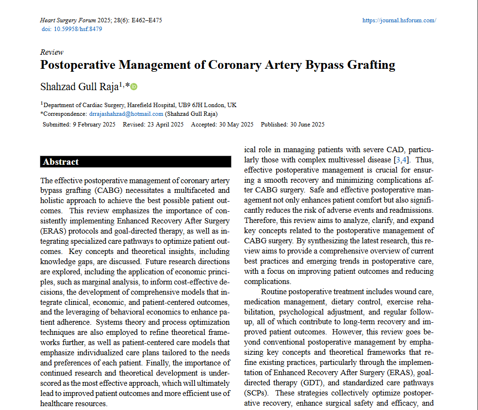 Heart Surgery Forum (@hsfeditor) on Twitter photo 📢 New #Review Published Online
Title: Postoperative Management of Coronary Artery Bypass Grafting
✍️Author: <a href="/Shahzad77891064/">Shahzad Raja</a> (Harefield Hospital)
🔗Text: journal.hsforum.com/index.php/HSF/…
#CABG #Postoperative #analgesia #care #surgery 📢 New #Review Published Online
Title: Postoperative Management of Coronary Artery Bypass Grafting
✍️Author: <a href="/Shahzad77891064/">Shahzad Raja</a> (Harefield Hospital)
🔗Text: journal.hsforum.com/index.php/HSF/…
#CABG #Postoperative #analgesia #care #surgery