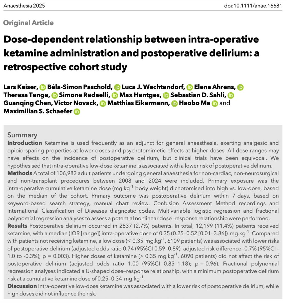 Does the use of intraoperative ketamine affect the incidence of postoperative delirium? 

Does the dose matter?

Compared with patients not receiving ketamine, a low dose (≤ 0.35 mg.kg-1) was associated with lower risks of postoperative delirium.

#anaesthesia #pain #MedTwitter