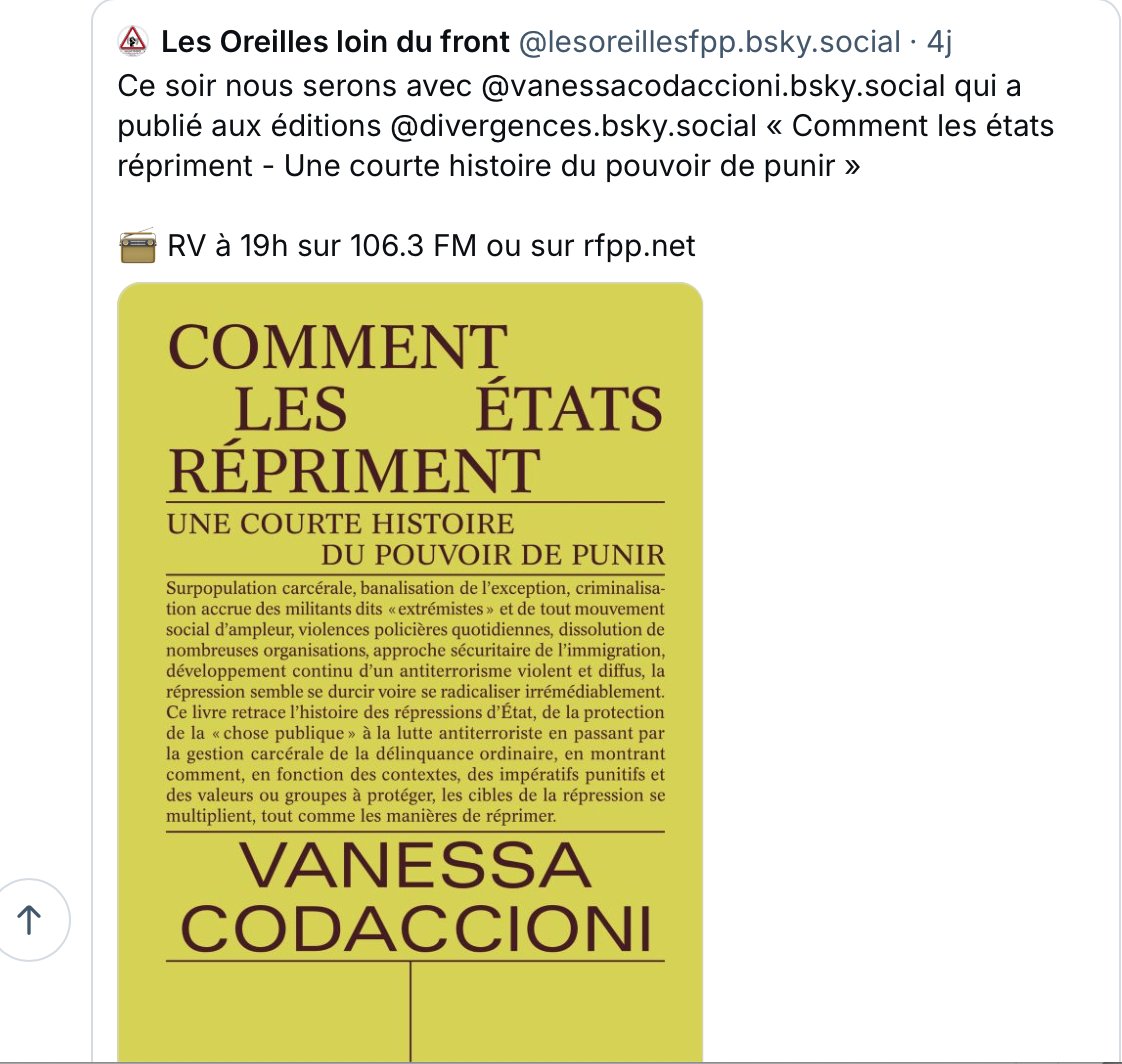 Vanessa Codaccioni (@vcodaccioni) on Twitter photo Si vous voulez en savoir plus sur les 3 paradigmes répressifs qui parcourent l'histoire et qui orientent la répression aujourd'hui, vous pouvez écouter Les Oreilles loin du front !
<a href="/lesoreillesfpp/">Les Oreilles Loin Du Front</a>
<a href="/EDivergences/">éditions divergences</a>
loldf.org/spip.php?artic… Si vous voulez en savoir plus sur les 3 paradigmes répressifs qui parcourent l'histoire et qui orientent la répression aujourd'hui, vous pouvez écouter Les Oreilles loin du front !
<a href="/lesoreillesfpp/">Les Oreilles Loin Du Front</a>
<a href="/EDivergences/">éditions divergences</a>
loldf.org/spip.php?artic…