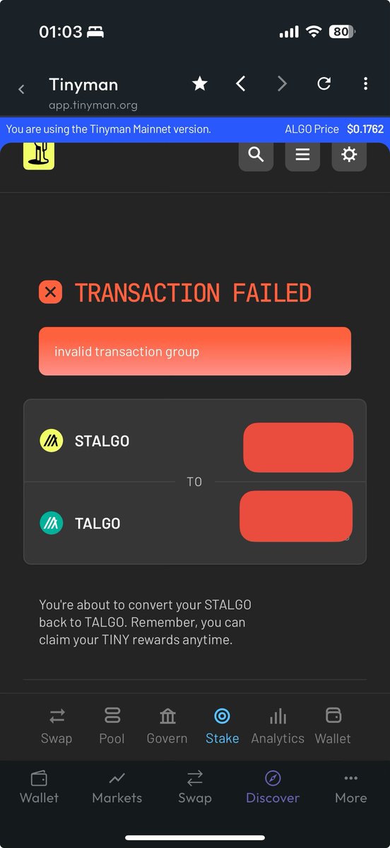 TheOwl.algo (@algotheowl) on Twitter photo GG.
Canโt be unstake on <a href="/tinymanorg/">tinyman.algo</a> tried connecting via <a href="/deflyapp/">Defly Wallet</a> or <a href="/PeraAlgoWallet/">pera.algo</a> .
Looks like Iโm skipping gov 15 for <a href="/AlgoFoundation/">Algorand Foundation</a> .. GG.
Canโt be unstake on <a href="/tinymanorg/">tinyman.algo</a> tried connecting via <a href="/deflyapp/">Defly Wallet</a> or <a href="/PeraAlgoWallet/">pera.algo</a> .
Looks like Iโm skipping gov 15 for <a href="/AlgoFoundation/">Algorand Foundation</a> ..