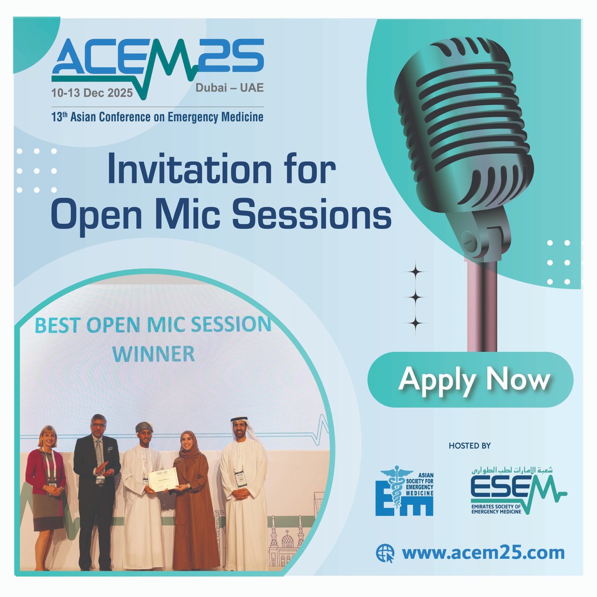 🎤Share your ideas, research, or unique perspective with a global audience at the 13th Asian Conference on Emergency Medicine this December in Dubai.
🗓️ Submission Deadline: 20 July 2025
📣 Don’t miss this unique opportunity—apply now!
🔗 bit.ly/4kCp8dc