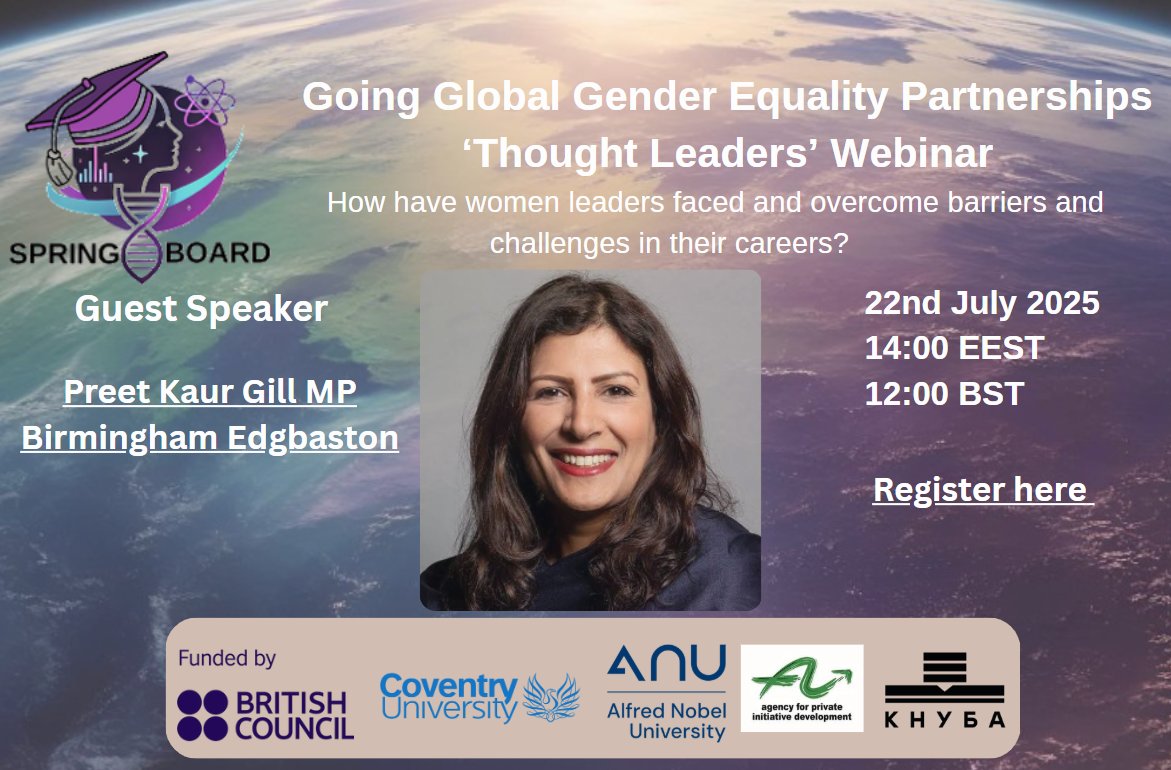 Kindy Sandhu (@kindysandhu) on Twitter photo Interested in finding out how women leaders have faced + overcome barriers + challenges in their careers?
Then join us for a webinar with <a href="/PreetKGillMP/">Preet Kaur Gill MP</a>
Register here 👇🏽
go.springboard.today/register
Partners
<a href="/CPS_Coventry/">Centre for Peace and Security</a>, Alfred Nobel University, KNUBA, ARPI
<a href="/BritishCouncil/">British Council</a> Interested in finding out how women leaders have faced + overcome barriers + challenges in their careers?
Then join us for a webinar with <a href="/PreetKGillMP/">Preet Kaur Gill MP</a>
Register here 👇🏽
go.springboard.today/register
Partners
<a href="/CPS_Coventry/">Centre for Peace and Security</a>, Alfred Nobel University, KNUBA, ARPI
<a href="/BritishCouncil/">British Council</a>