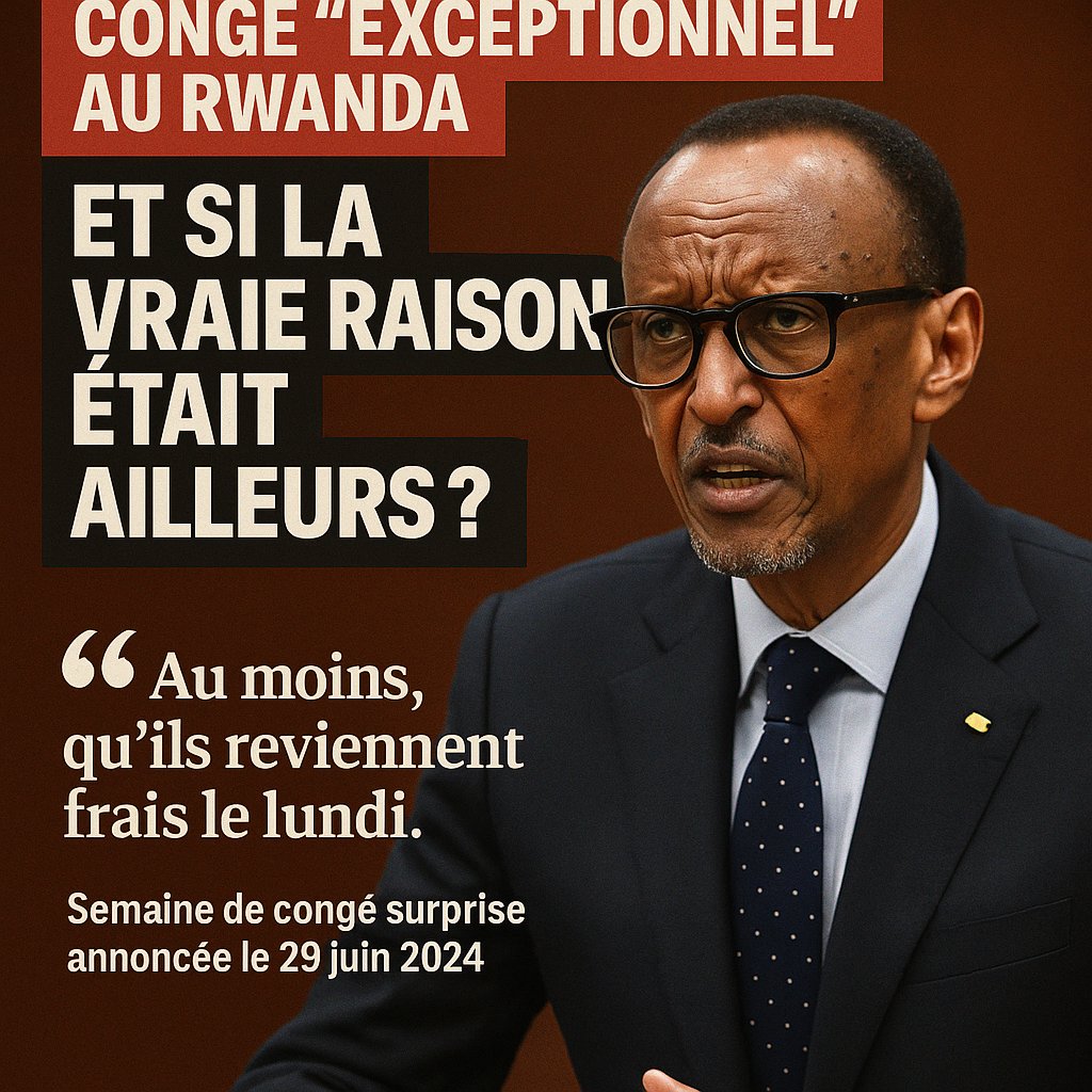 🟥 Congé “exceptionnel” au Rwanda : et si la vraie raison était ailleurs ?

L’un des moments les plus étranges du discours de #Kagame reste sa tentative d’expliquer pourquoi les Rwandais ont eu droit, sans avertissement, à une semaine entière de congé surprise.

▶️ Sa