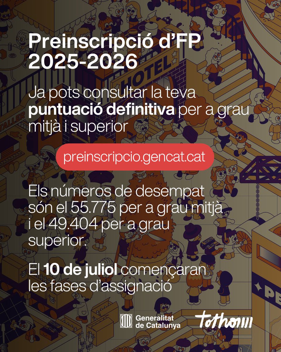 educaciocat's tweet image. Preinscripció FP: Ja pots consultar la teva puntuació per a grau mitjà i superior un cop resoltes les reclamacions. Consulta-la al centre triat en primera opció o al web preinscripcio.gencat.cat/ca/inici/.
Amb el número de desempat, s'ordenaran les sol·licituds amb els mateixos punts.