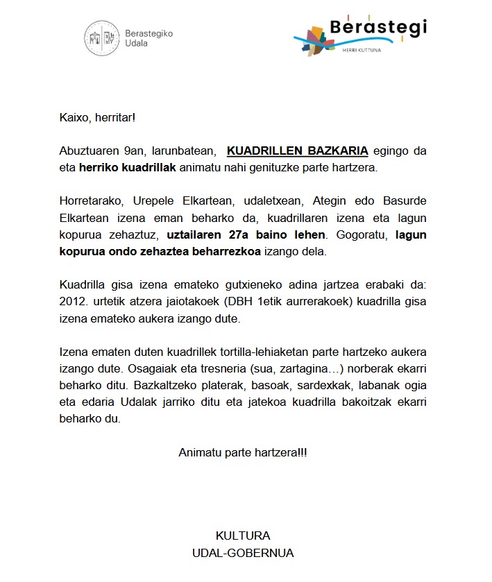 Festetarako hilabete falta den honetan, herri afarira edota kuadrilla bazkarira etortzeko izen-emateak zabalik daude.
Hemen duzue informazio guztia: