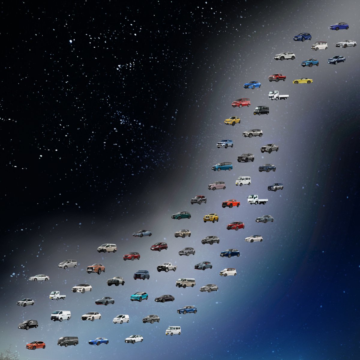 【本日は #七夕 🎋】

国内外で販売されている #日産 のクルマで
天の川をつくってみました✨

みなさんはどんな #七夕の願い事 をされましたか？
その願い事が、たくさん叶いますように♪