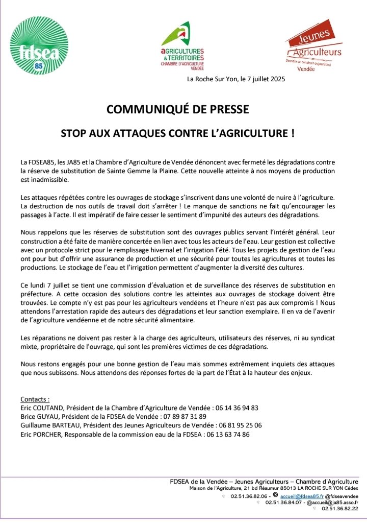 FDSEAVendee's tweet image. 🟢🔴 #FDSEAVendée @JAVendee @ChambagriPdL demandent des sanctions contre les auteurs des attaques contre les réserves de substitution en Vendée. 🛑 Stop aux attaques contre l'agriculture! ⤵️