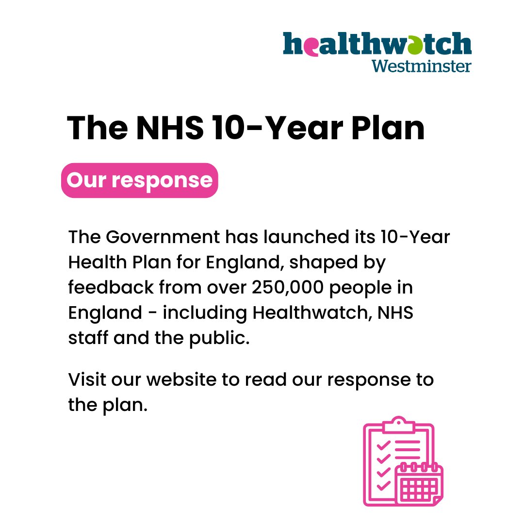 The Government has now published its 10-Year Health Plan for England — and while it sets out bold reforms for the NHS, it also confirms proposals to close Healthwatch as the "independent patient voice" as it currently exists.

Read our response here: healthwatchwestminster.org.uk/response/2025-…