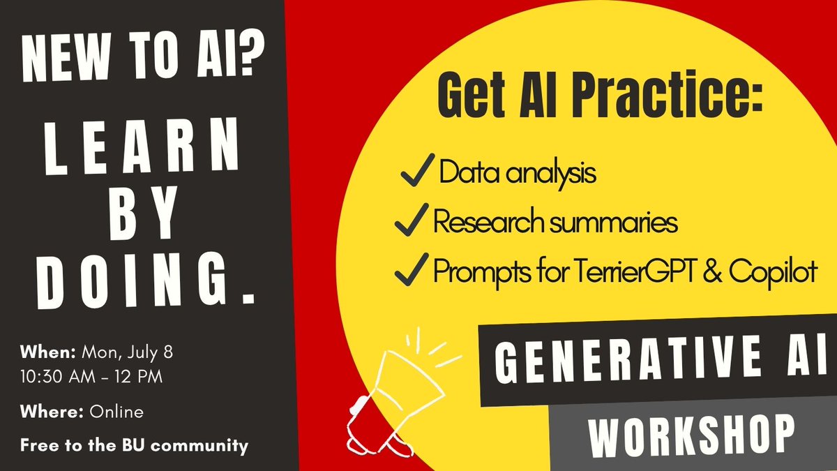 buithelp's tweet image. 🟥 Last call!
Hands-on AI workshop for BU students, faculty & staff.
📅 Monday, July 8 | 10:30 AM
Live AI training in:
✔ Data analysis
✔ Research summaries
✔ Prompt engineering with TerrierGPT + Copilot
🔗 Free – Register now
spr.ly/60134YKHP