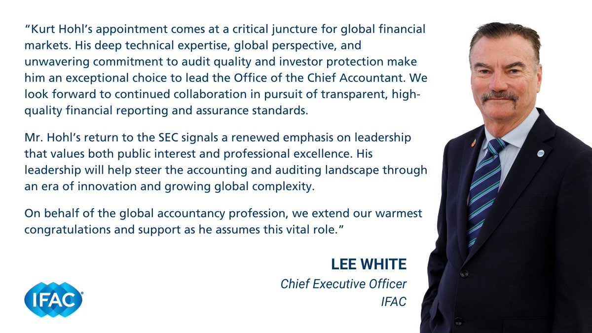 IFAC's tweet image. 🎉 Congrats to Kurt Hohl on his appointment as US SEC Chief Accountant! His global expertise & commitment to audit quality make him the right leader for today’s challenges. Thank you to Ryan Wolfe for his steady service.
👉 Read press release: bit.ly/44xtH1P