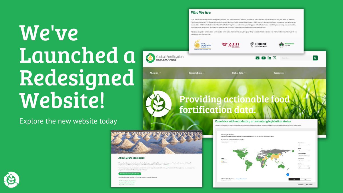Global Fortification Data Exchange (@gfdxsecretariat) on Twitter photo GFDx remains your source for fortification data on 5 foods (🌾🍚🌽🍶🧂) for 196 countries. Now with 100+ languages, smarter search & clearer visuals. Explore & share feedback: fortificationdata.org | info@fortificationdata.org
<a href="/MNForum/">Micronutrient Forum</a> <a href="/GAINalliance/">GAIN</a> <a href="/iodineglobal/">Iodine Global Network</a> <a href="/FFINetwork/">FFI</a> GFDx remains your source for fortification data on 5 foods (🌾🍚🌽🍶🧂) for 196 countries. Now with 100+ languages, smarter search & clearer visuals. Explore & share feedback: fortificationdata.org | info@fortificationdata.org
<a href="/MNForum/">Micronutrient Forum</a> <a href="/GAINalliance/">GAIN</a> <a href="/iodineglobal/">Iodine Global Network</a> <a href="/FFINetwork/">FFI</a>