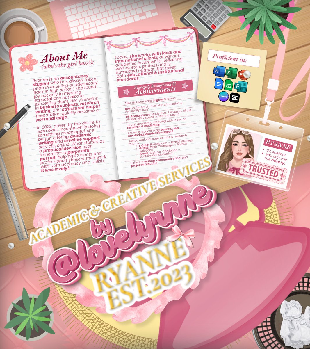 lovelyrnne's tweet image. DEADLINES, but with ribbons on top!ྀིྀི 

⋆˙⟡ i'm ryanne, and i handle academic tasks across accounting, business, research, &amp;amp; design. 🗓️

curious? the commsheet says it better than i can ✨

for more, please visit:
   ⟢ #rkchives for feedback
   ⟢ #rkchivesHQ for updates