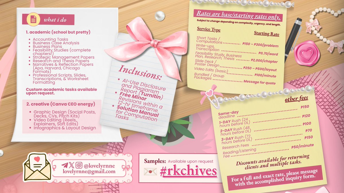 lovelyrnne's tweet image. DEADLINES, but with ribbons on top!ྀིྀི 

⋆˙⟡ i'm ryanne, and i handle academic tasks across accounting, business, research, &amp;amp; design. 🗓️

curious? the commsheet says it better than i can ✨

for more, please visit:
   ⟢ #rkchives for feedback
   ⟢ #rkchivesHQ for updates