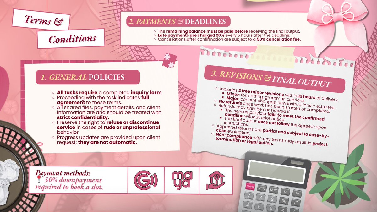 lovelyrnne's tweet image. DEADLINES, but with ribbons on top!ྀིྀི 

⋆˙⟡ i'm ryanne, and i handle academic tasks across accounting, business, research, &amp;amp; design. 🗓️

curious? the commsheet says it better than i can ✨

for more, please visit:
   ⟢ #rkchives for feedback
   ⟢ #rkchivesHQ for updates