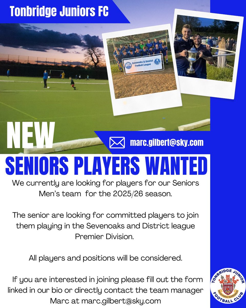 Tonbridge Juniors football club (@tonbridgeclub) on Twitter photo Any players who haven’t found a club yet, not getting enough game time or u18’s or 23’s looking to move in to senior football we are looking for you. Must be 16+, games Saturday afternoons in the Sevenoaks and District League premier division <a href="/SDisrictFL/">Sevenoaks_Districtfl</a> <a href="/KCFL1516/">Kent County FL News</a> Any players who haven’t found a club yet, not getting enough game time or u18’s or 23’s looking to move in to senior football we are looking for you. Must be 16+, games Saturday afternoons in the Sevenoaks and District League premier division <a href="/SDisrictFL/">Sevenoaks_Districtfl</a> <a href="/KCFL1516/">Kent County FL News</a>