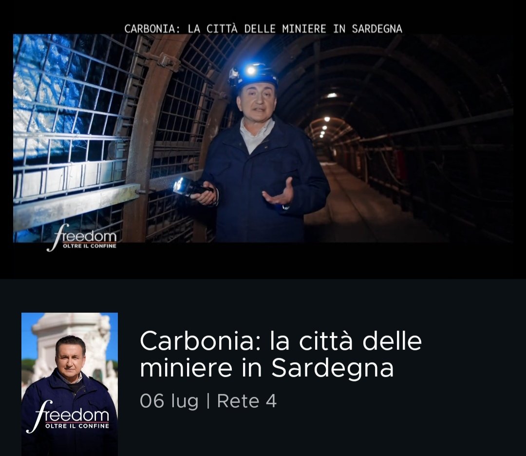 Il servizio completo sulla Grande Miniera di Serbariu nella puntata di ieri sera di Freedom - Oltre il confine! 
Grazie a Roberto Giacobbo e a tutta la troupe per l'interesse, la professionalità e - non ultima - la simpatia!

mediasetinfinity.mediaset.it/video/freedomo…