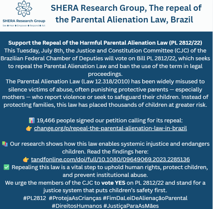 We urge the members of the CJC to vote YES on PL 2812/22 and stand for a justice system that puts children’s safety first. #familycourt 
#PL2812 #ProtejaAsCrianças #FimDaLeiDeAlienaçãoParental #DireitosHumanos #JustiçaParaAsMães <a href="/PaolaMotosi/">Paola</a> <a href="/CpiVoz/">CPI Voz Materna</a>