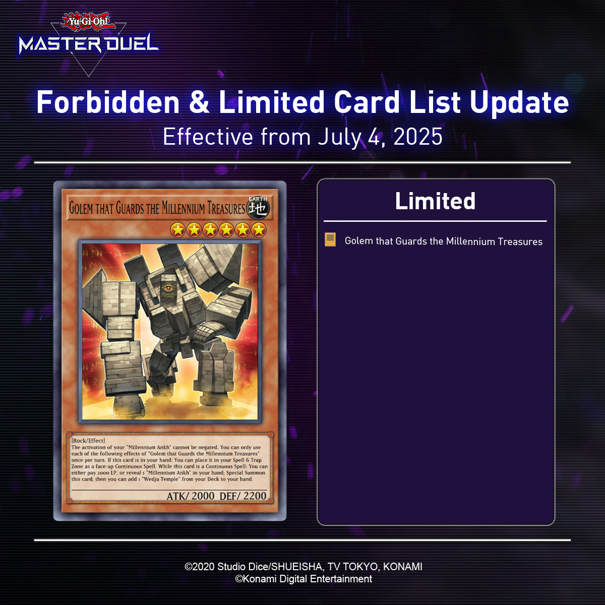 YGOMasterDuel's tweet image. In case you missed it, the new Forbidden & Limited List is now in effect in #YuGiOhMASTERDUEL!
For more information, please check your in-game notifications.
