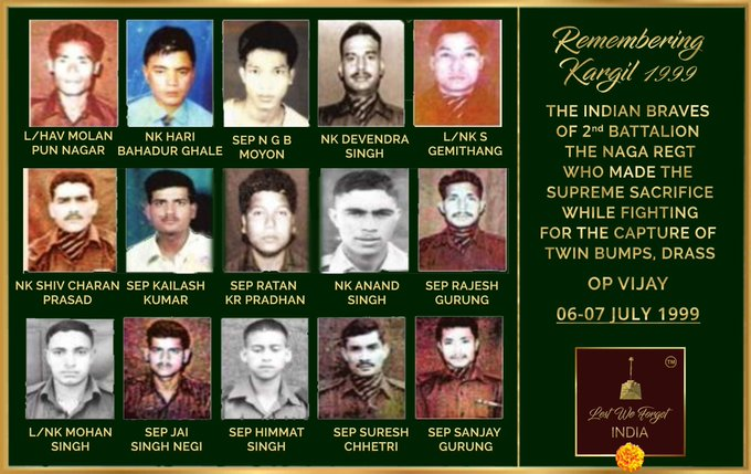 рд╕реАрдорд╛ рд╕рдВрдШреЛрд╖ (@seemasanghosh) on Twitter photo #KargilVijayDiwas
6-7 рдЬреБрд▓рд╛рдИ 1999 рдХреЛ #2NAGA рдХреЗ 15 рд╡реАрд░реЛрдВ рдиреЗ #Drass рд╕реЗрдХреНрдЯрд░ рдореЗрдВ 15,000 рдлреАрдЯ рдКрдБрдЪрд╛рдИ рдкрд░ 'рдЯреНрд╡рд┐рди рдмрдореНрдкреНрд╕' рдХреЛ рдлрд┐рд░ рд╕реЗ рдЬреАрддрдХрд░ рд╕рд░реНрд╡реЛрдЪреНрдЪ рдмрд▓рд┐рджрд╛рди рджрд┐рдпрд╛ред
рд╣рдо рдирдорди рдХрд░рддреЗ рд╣реИрдВ рдЙрди рдЕрдорд░ рд╢рд╣реАрджреЛрдВ рдХреЛ, рдЬрд┐рдирдХрд╛ рд╕рд╛рд╣рд╕ рд╕реЗрд╡рд╛ рд╕реЗ рдкрд░реЗ рдерд╛ред
#seemasanghosh #OperationVijay #RememberingKargil ЁЯМ║ #KargilVijayDiwas
6-7 рдЬреБрд▓рд╛рдИ 1999 рдХреЛ #2NAGA рдХреЗ 15 рд╡реАрд░реЛрдВ рдиреЗ #Drass рд╕реЗрдХреНрдЯрд░ рдореЗрдВ 15,000 рдлреАрдЯ рдКрдБрдЪрд╛рдИ рдкрд░ 'рдЯреНрд╡рд┐рди рдмрдореНрдкреНрд╕' рдХреЛ рдлрд┐рд░ рд╕реЗ рдЬреАрддрдХрд░ рд╕рд░реНрд╡реЛрдЪреНрдЪ рдмрд▓рд┐рджрд╛рди рджрд┐рдпрд╛ред
рд╣рдо рдирдорди рдХрд░рддреЗ рд╣реИрдВ рдЙрди рдЕрдорд░ рд╢рд╣реАрджреЛрдВ рдХреЛ, рдЬрд┐рдирдХрд╛ рд╕рд╛рд╣рд╕ рд╕реЗрд╡рд╛ рд╕реЗ рдкрд░реЗ рдерд╛ред
#seemasanghosh #OperationVijay #RememberingKargil ЁЯМ║