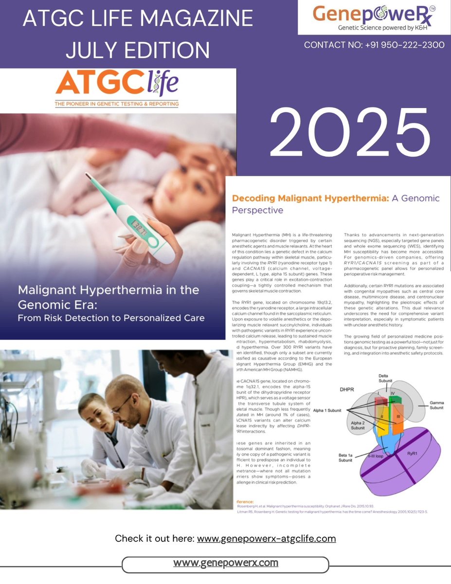 🧬 New! ATGC Life – July 2025
Malignant Hyperthermia &amp; Genomics
Uncover how genes like RYR1 &amp; CACNA1S help predict anesthetic risks.
Genetic testing = safer surgeries, better care.

👉 genepowerx-atgclife.com
#Genomics #MH #ATGCLife #PersonalizedMedicine