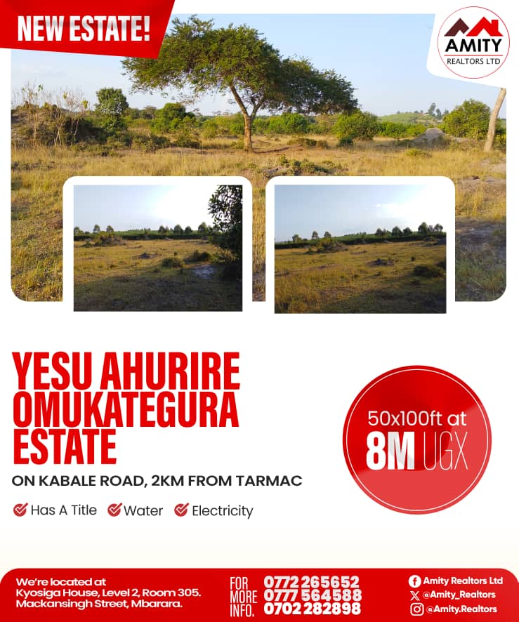 🚨 NEW ESTATE ALERT!
🏡 YESU AHURIRE OMUKAREGURA ESTATE
📍 2km off Kabale Rd
📏 50x100ft | 💧Water &amp; ⚡Power on site
📜 Land title ready!
💸 UGX 8M only

📞 Call/WhatsApp to book now!
#LandForSale #KabaleRoad #UgandaRealEstate