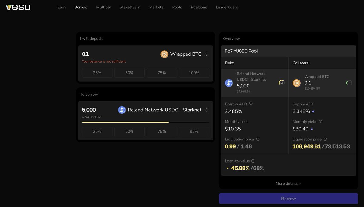 SagatCrypto's tweet image. Starknet users have a literal cheat code for @tradeparadex.
Hold majors like ETH or BTC?
You can lend 0.1 BTC for $5k usdc yielding you $20 pm on @vesuxyz
Deposit that in Paradex GV for ~25-30% + XP.