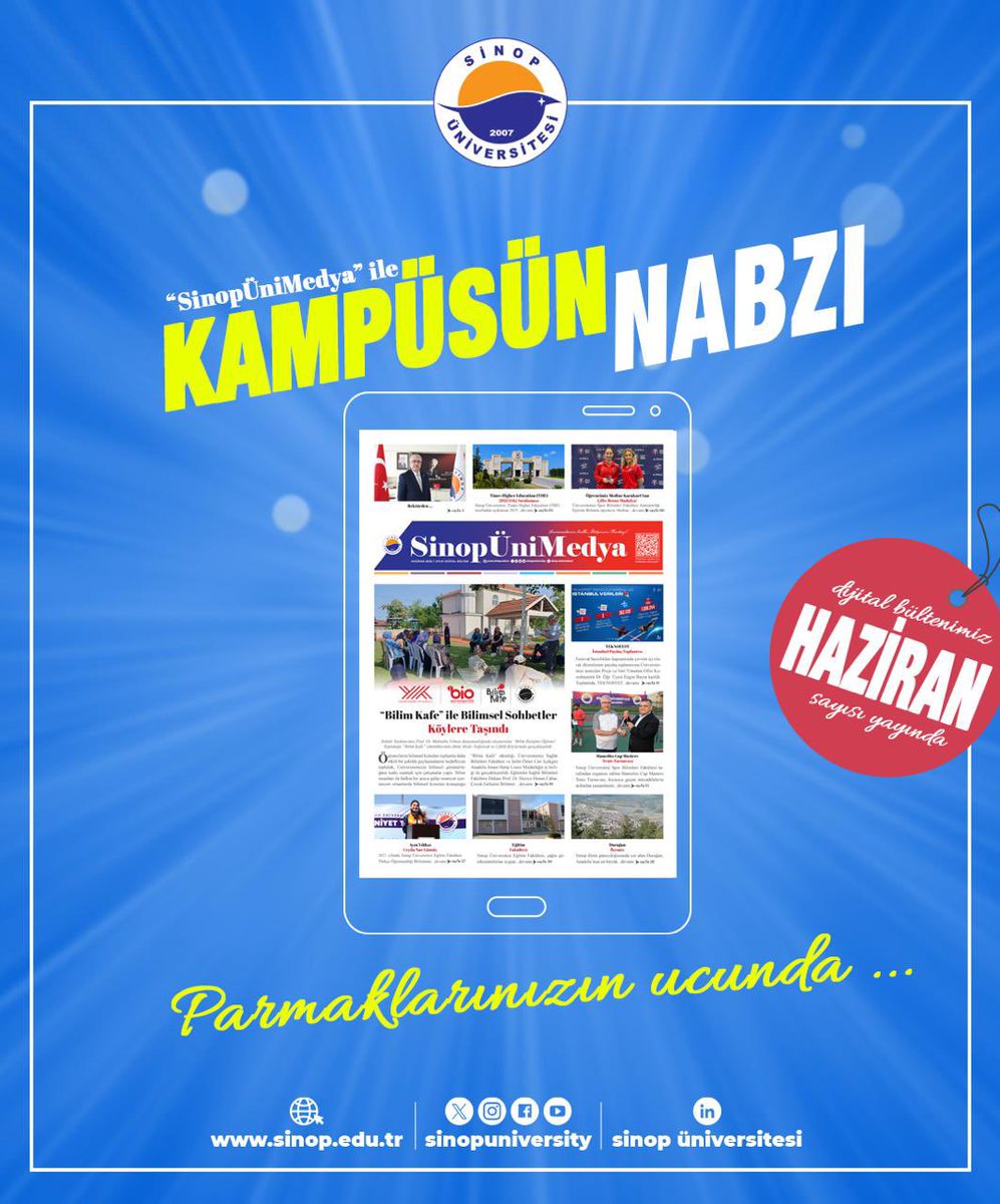 📢 SinopÜniMedya Haziran Sayısıyla Yayında! 🗞️✨

Haziran sayısı dopdolu! 
Sinop Üniversitesi’nin dijital gazetesi SinopÜniMedya, Haziran ayıyla öğrenciler, akademisyenler ve tüm Sinop Üniversitesi ailesi için en güncel haberlerle yayında!

🎭 Etkinliklerden haberdar olun,
🎓
