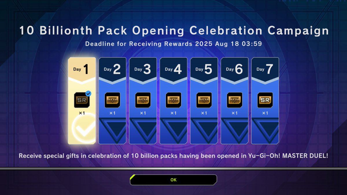 YGOMasterDuel's tweet image. Reminder that the #YuGiOhMASTERDUEL 10 Billionth Pack Opening Celebration Campaign is now live!
In celebration, we're offering a Login Bonus for a limited time only! Check in-game now for more details.