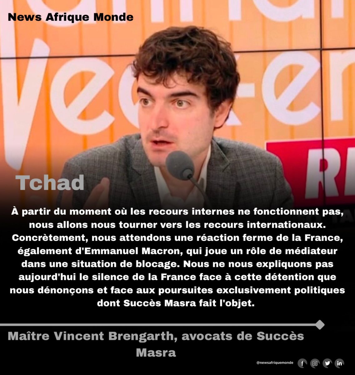 News Afrique Monde (@news_afrique_) on Twitter photo #𝗧𝗰𝗵𝗮𝗱🇹🇩 : Me <a href="/v_brengarth/">Vincent Brengarth</a> , avocat de Succès Masra, évoque des recours internationaux face à l’impasse judiciaire. Il exhorte la France et Emmanuel Macron à réagir face à une « détention arbitraire » et à des « poursuites politiques », déclare-t-il à RFI. ⤵️ #𝗧𝗰𝗵𝗮𝗱🇹🇩 : Me <a href="/v_brengarth/">Vincent Brengarth</a> , avocat de Succès Masra, évoque des recours internationaux face à l’impasse judiciaire. Il exhorte la France et Emmanuel Macron à réagir face à une « détention arbitraire » et à des « poursuites politiques », déclare-t-il à RFI. ⤵️