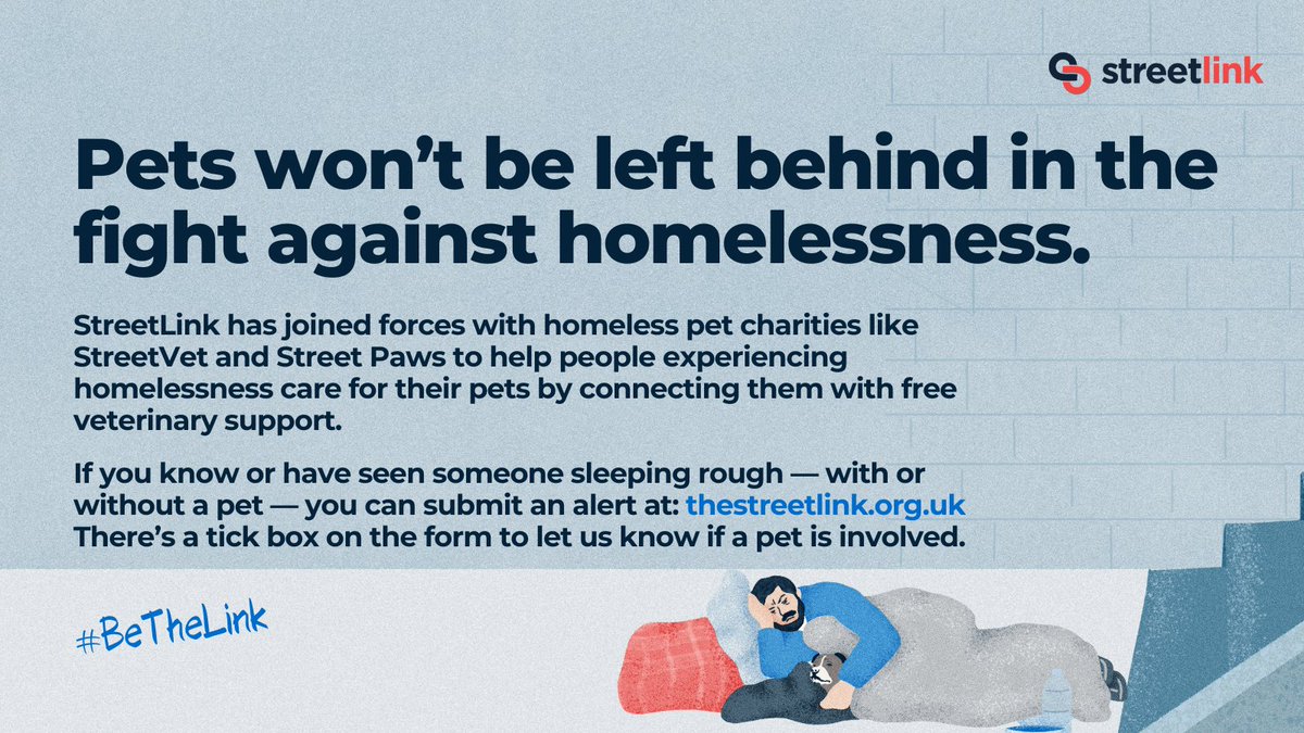 We have teamed up with <a href="/streetvetuk/">StreetVet</a>  &amp; Street Paws so individuals sleeping rough and their pets can access free vet care. Submit an alert at zurl.co/7Ky2Z and use the pet tick box to help us help them

#BeTheLink