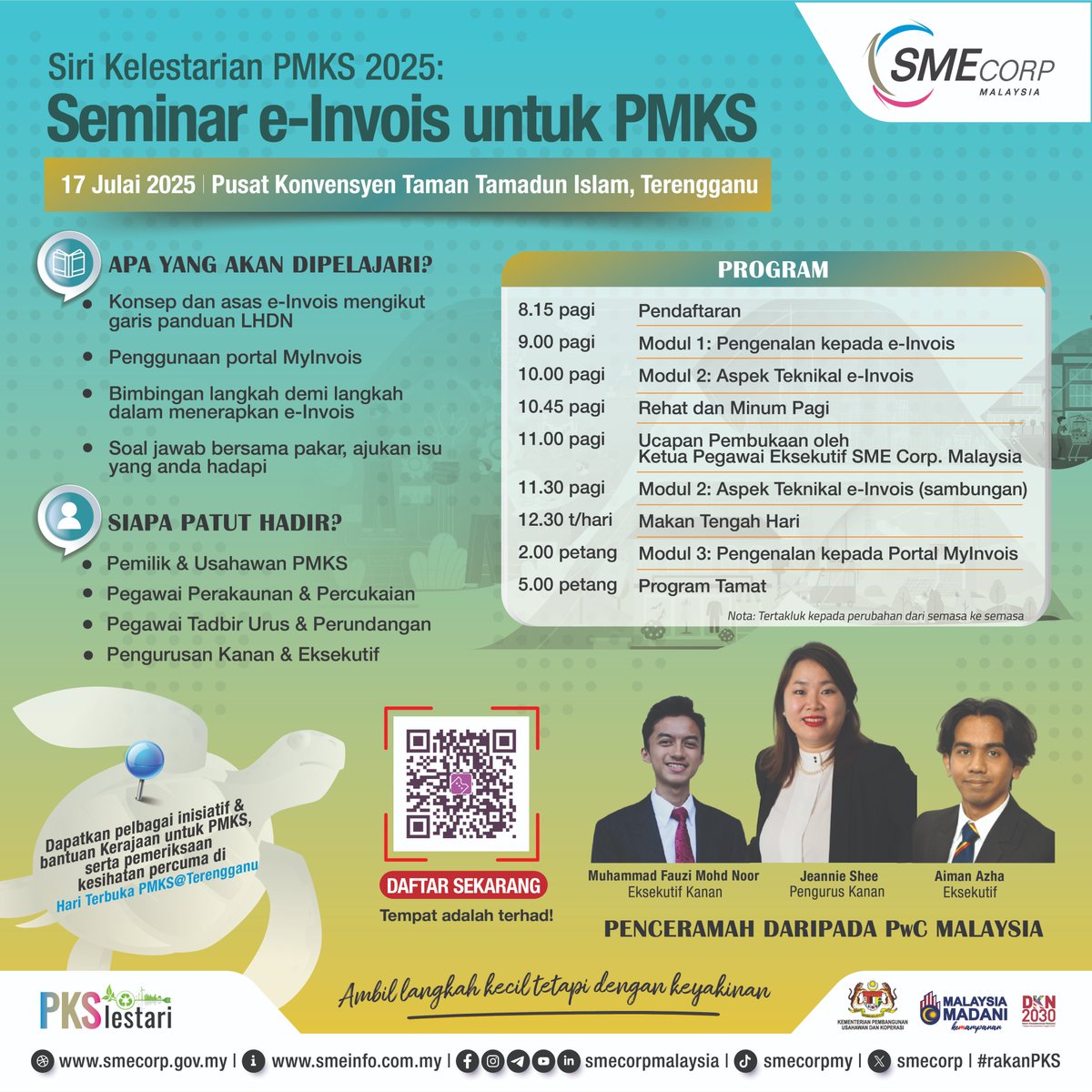 Daftar sekarang dengan mengimbas Kod QR atau klik pautan t2u.asia/e/44480

🗓️ 17 Julai 2025 (Khamis)
🕢 8.15 pagi – 5.00 petang
📍 Pusat Konvensyen Taman Tamadun Islam, Terengganu 

Pendaftaran akan ditutup pada 13 Julai 2025.