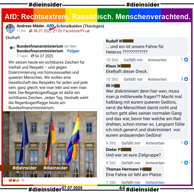 Was #AfD-Fans nach dem "Zeitenwechsel" und der Machtübernahme vorschwebt, wenn jemand eine Regenbogenflagge gehisst hat, zeigen wir euch hier!

<a href="/larsklingbeil/">Lars Klingbeil 🇪🇺</a>  #Bundesfinanzministerium 
#Vielfalt 🇪🇺 🇩🇪 🏳️‍🌈
#LautGegenNazis #NiemalsAfD #AfDVerbot
#GemeinsamGegenHass #DieInsider