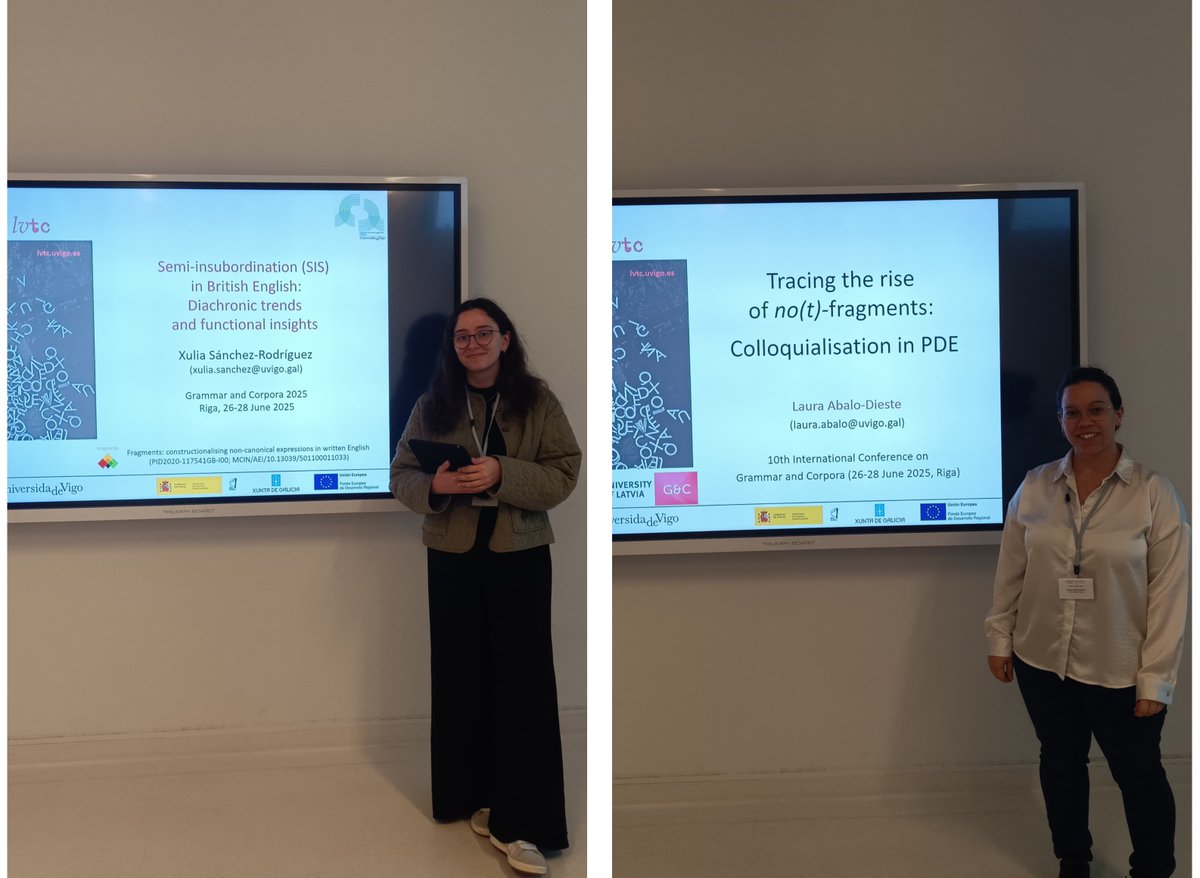 LVTC Language Variation and Textual Categorisation (@lvtc_uvigo) on Twitter photo On 26 June 2025, LVTC junior members Xulia Sánchez-Rodríguez <a href="/xuliasanchezr/">Xulia Sánchez-Rodríguez</a> and Laura Abalo-Dieste <a href="/abalodieste/">Laura Abalo-Dieste</a> presented their research at the 10th International Conference Grammar and Corpora in Riga. On 26 June 2025, LVTC junior members Xulia Sánchez-Rodríguez <a href="/xuliasanchezr/">Xulia Sánchez-Rodríguez</a> and Laura Abalo-Dieste <a href="/abalodieste/">Laura Abalo-Dieste</a> presented their research at the 10th International Conference Grammar and Corpora in Riga.