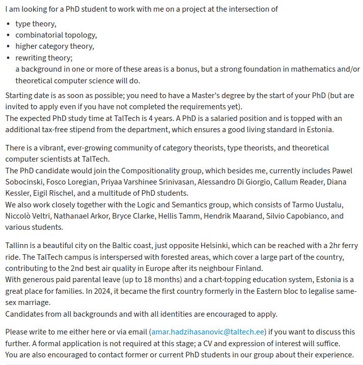 Amar Hadzihasanovic (@amar_hh) on Twitter photo I am looking for a PhD student to join us in Tallinn! I am looking for a PhD student to join us in Tallinn!