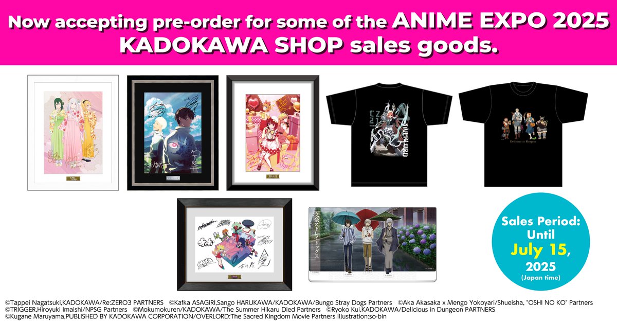 Anime's tweet photo. 【AD】
EJ ANiME STORE×#AX2025
Sales:~July 15 (Japan Time)
#KADOKAWA's Anime Goods Available at #EJAS
▼EJ ANiME STORE in amiami
URL:https://t.co/LzLscF9crs
▼EJ ANiME STORE in animate
URL:https://t.co/M2Y9nUEL0S https://t.co/Bb4BwcH325