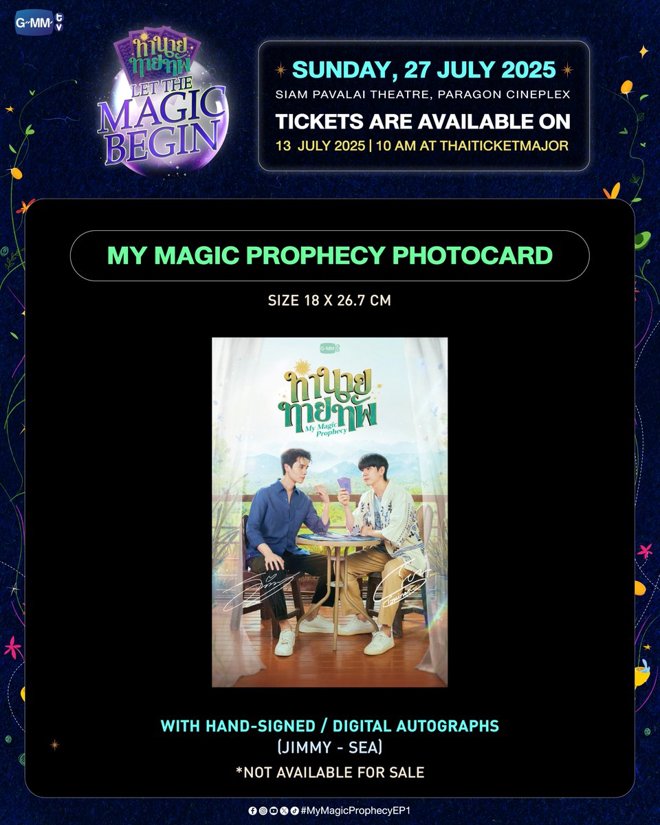 "ทำนายทายทัพ Let The Magic Begin" 🔮
#MyMagicProphecy 
ร่วมรับชมตอนแรกของซีรีส์ "ทำนายทายทัพ My Magic Prophecy" พร้อมกับนักแสดงและผู้กำกับ และชมโชว์สุด Exclusive จากนักแสดง!

📍Sunday, 27 July 2025
6th Fl. Siam Paragon - Siam Pavalai, Paragon Cineplex

Tickets on sale: 13 July