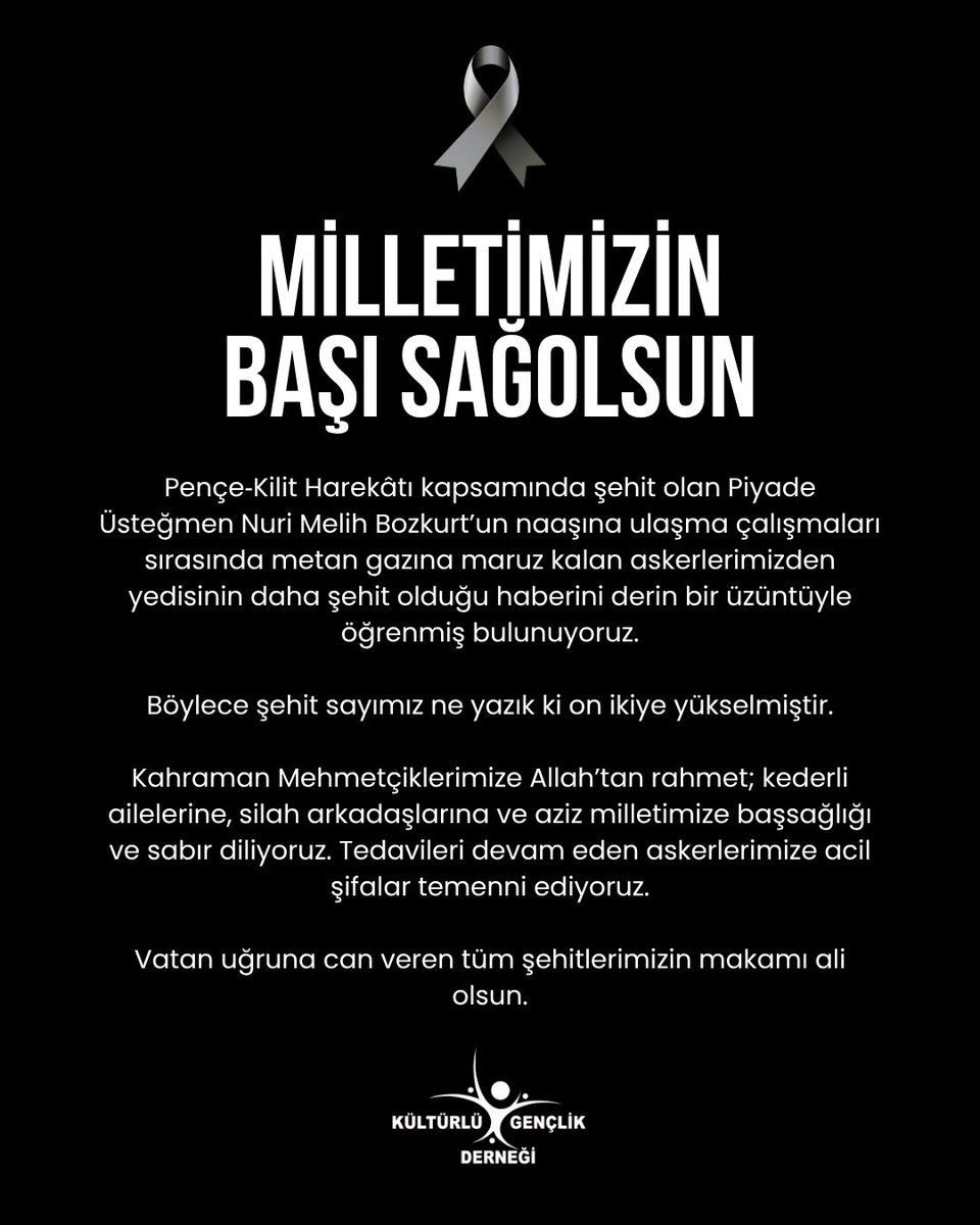 Milletimizin başı sağ olsun.

Pençe‑Kilit Harekâtı’nda şehit olan kahraman Mehmetçiklerimize Allah’tan rahmet, ailelerine ve aziz milletimize sabır ve başsağlığı diliyoruz.

Vatan uğruna can veren tüm şehitlerimizin makamı ali olsun.