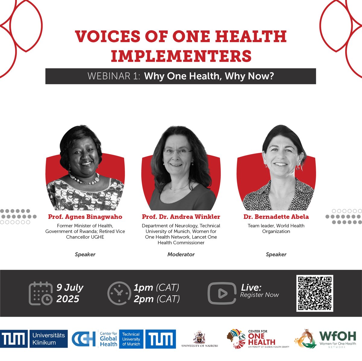 Join the One Health new webinar series, "Voices of One Health Implementers". The 1st session, "Why One Health? Why Now?" is on July 9, 2025,  1:00–2:00 PM CAT, with French translation available. 
Register here: bit.ly/YOHYNow