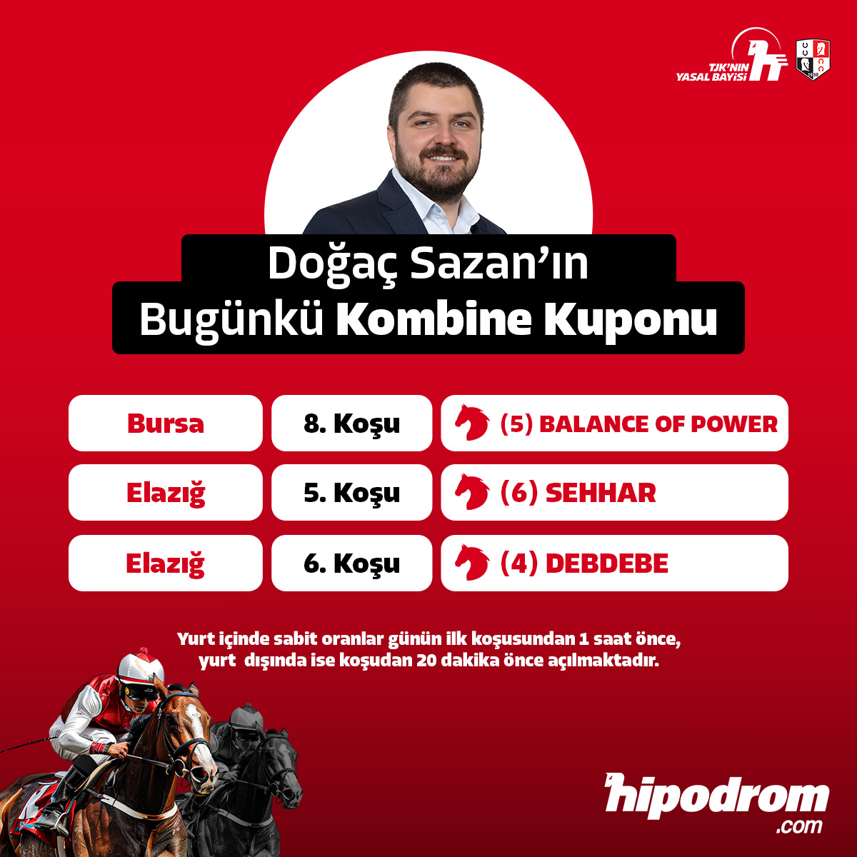 Hipodrom.com (@hipodromtr) on Twitter photo 🏇💥 Uzman yazarımız Doğaç Sazan’ın (<a href="/dogacliyorumm/">Doğaç Sazan</a>) bugünkü Kombine Bahis kuponu
🌟 Sen de Kombine Bahis heyecanını hipodrom.com’da yaşa!
🔴 Kombine Bahis ile dilediğin hipodromdan 2, 3 ya da 4 farklı koşuyu aynı kupona yaz, oranlarını çarp, kazancını katla.
✍️ 🏇💥 Uzman yazarımız Doğaç Sazan’ın (<a href="/dogacliyorumm/">Doğaç Sazan</a>) bugünkü Kombine Bahis kuponu
🌟 Sen de Kombine Bahis heyecanını hipodrom.com’da yaşa!
🔴 Kombine Bahis ile dilediğin hipodromdan 2, 3 ya da 4 farklı koşuyu aynı kupona yaz, oranlarını çarp, kazancını katla.
✍️