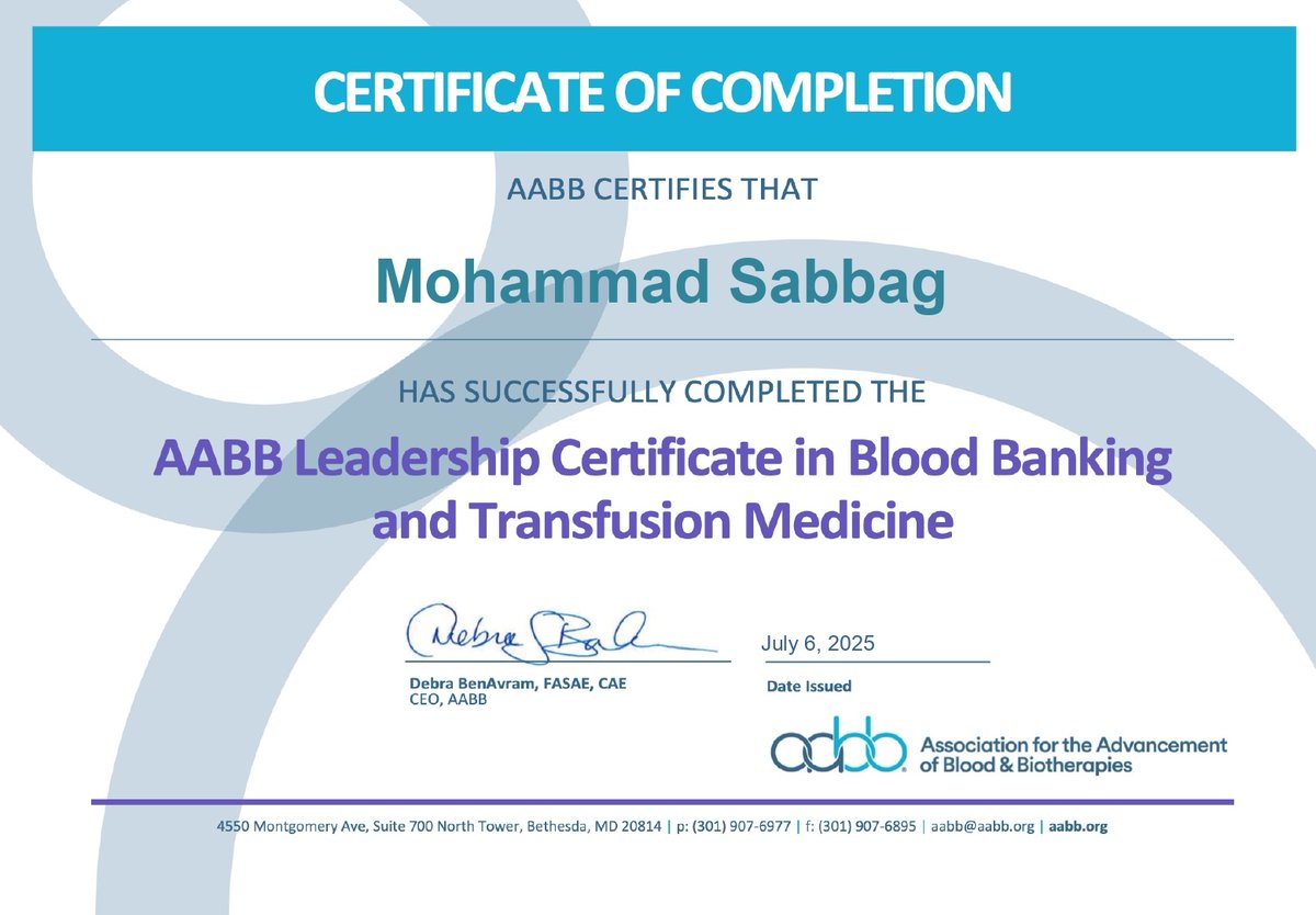 Delighted to obtain AABB's Leadership Certificate in Blood Banking and Transfusion Medicine 🎊
🙏My gratitude to <a href="/AABB/">AABB</a> for this unique and comperhensive course which enable us to lead in the field with passion and positive impact  😍
