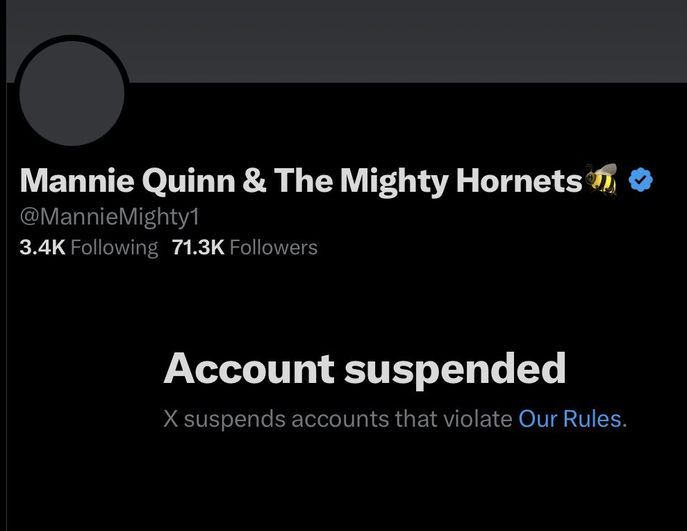 Zak (@boufontzak) on Twitter photo They’ve suspended <a href="/MannieMighty1/">Mannie Quinn & The Mighty Hornets🐝</a> Now!
Proving once again that Musk is chatting shite when he says Twitter X is a free speech platform.
Solidarity with the Mighty Mannie ✊🏾❣️ They’ve suspended <a href="/MannieMighty1/">Mannie Quinn & The Mighty Hornets🐝</a> Now!
Proving once again that Musk is chatting shite when he says Twitter X is a free speech platform.
Solidarity with the Mighty Mannie ✊🏾❣️