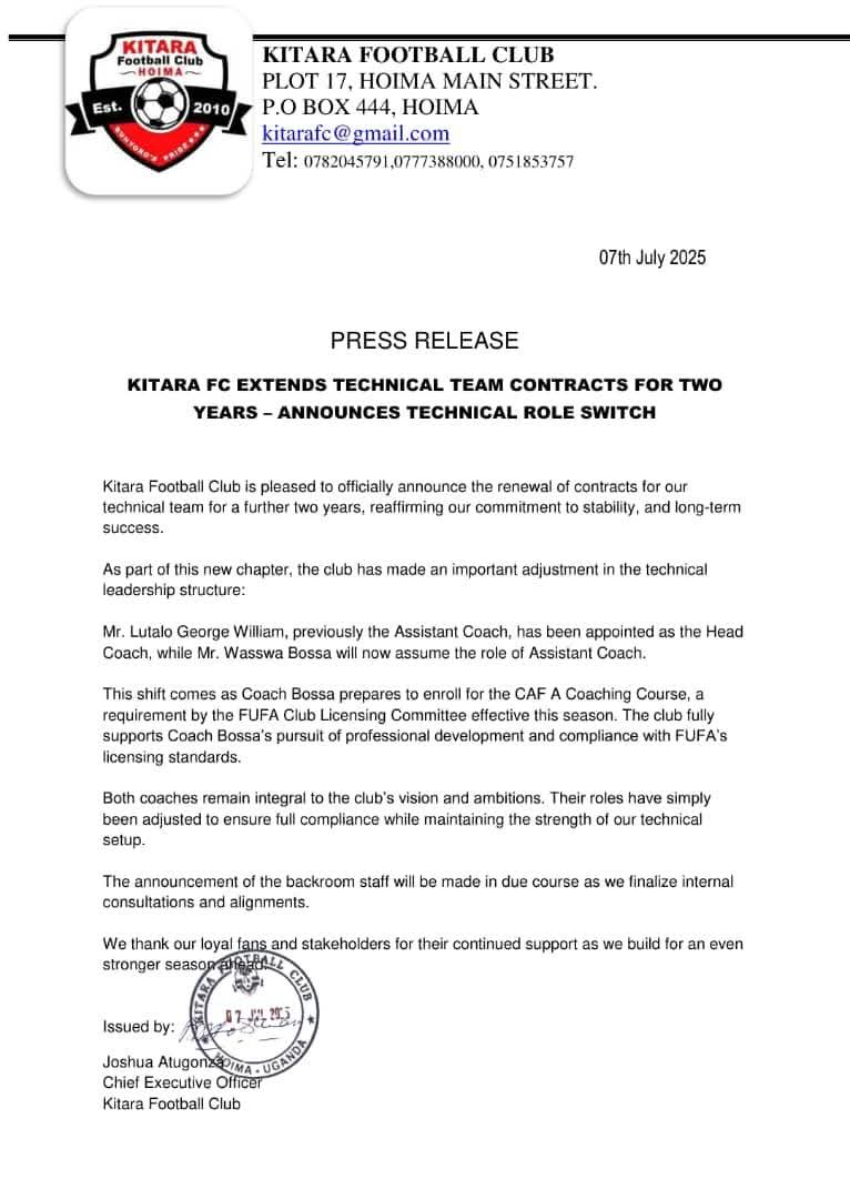 Change of roles at Kitara FC... 

Lutalo George William, who has been the assistant coach, has taken up the head coach role. 

Wasswa Bbosa, the head coach last season, is now the assistant.

#EndibaYaffe
#NBSportUpdates