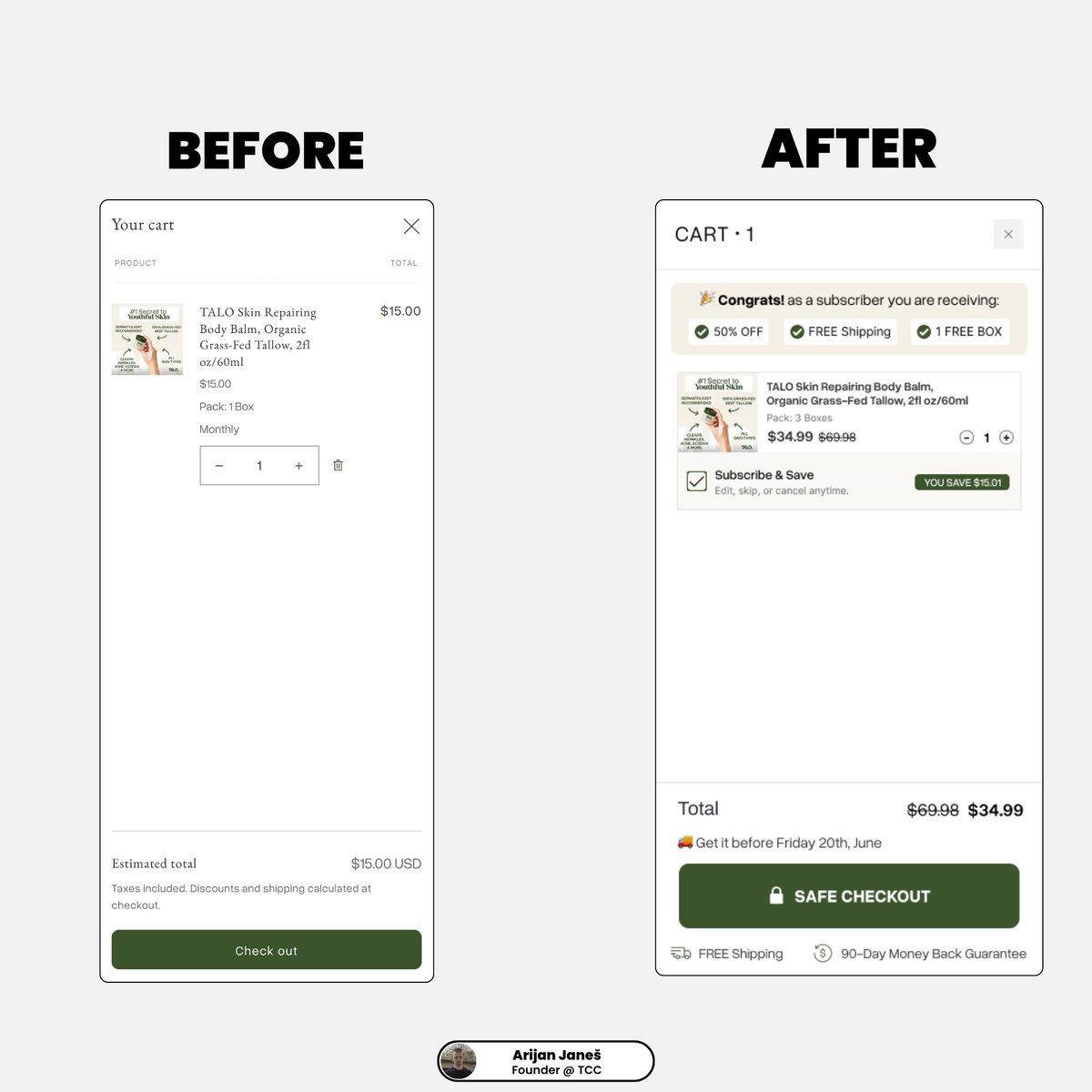 ArijanJanes's tweet image. Our team optimized this cart drawer for Talo.

Same offer - with better presentation.

Here&apos;s the strategy behind this cart:

-&amp;gt; Single-product store, major focus will be on subscriptions and CVR, no upselling opportunities.

-&amp;gt; Enable easy on / off toggle for the subscription…