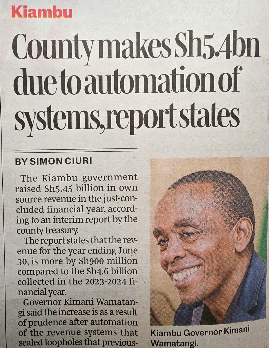 Dr Boni Khalwale, CBS (@drbkhalwale) on Twitter photo The existential threat to governance is leadership.
Whereas his predecessor is serving a jail term for corruption, <a href="/KWamatangi/">Governor Kimani Wamatangi, EGH 🇰🇪</a> has sealed revenue leaks loopholes in Kiambu County thereby doubling own source revenue collections. From Ksh 2.9 billion when he assumed office to 5.4 The existential threat to governance is leadership.
Whereas his predecessor is serving a jail term for corruption, <a href="/KWamatangi/">Governor Kimani Wamatangi, EGH 🇰🇪</a> has sealed revenue leaks loopholes in Kiambu County thereby doubling own source revenue collections. From Ksh 2.9 billion when he assumed office to 5.4