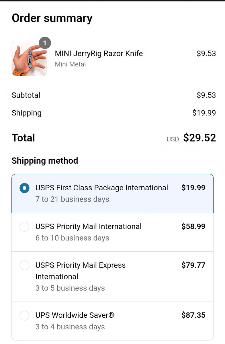 121giga's tweet photo. @ZacksJerryRig really wanted to get a #jerryrig razor knife, but the international shipping is insane. Why USPS? Poor form. https://t.co/FIa0bFphY4
